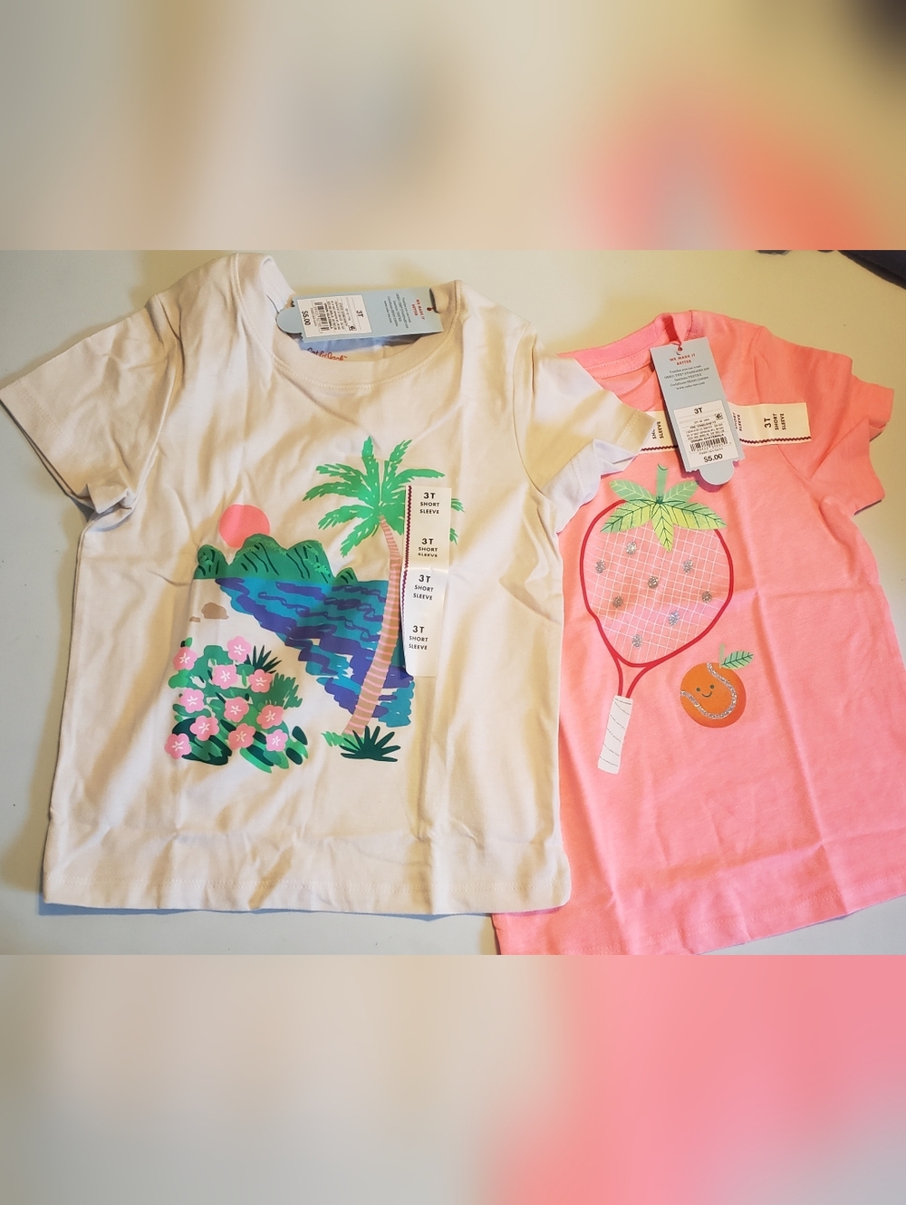 Cat & Jack White Palm Paradise Graphic Tee And Pink Strawberry Racket Tee
